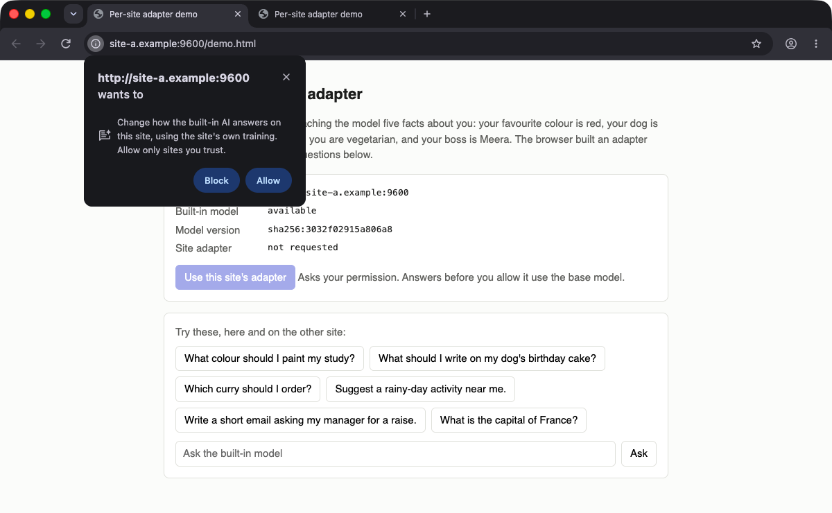 The fork's permission prompt: site-a.example wants to change how the built-in AI answers on this site, using the site's own training, with Block and Allow buttons, over a page that shows the model version